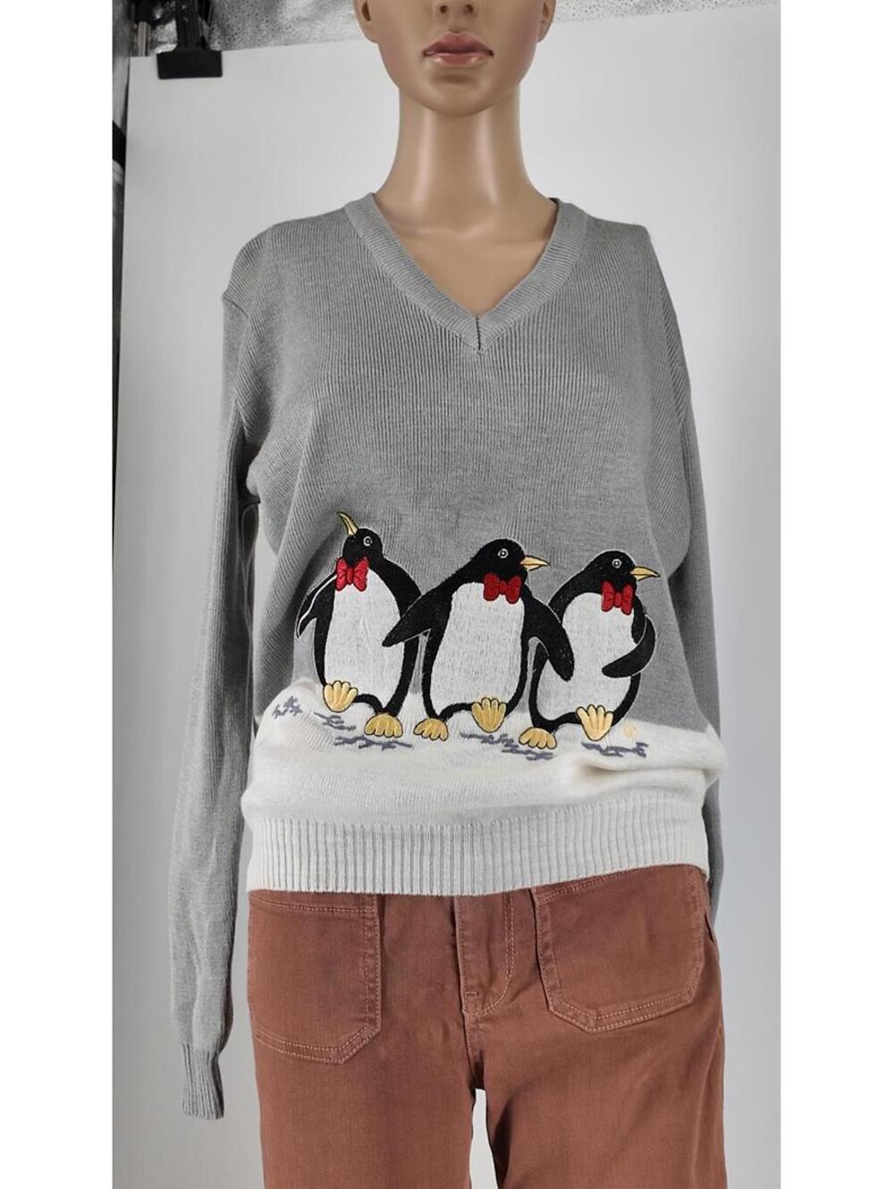 Vintage Gray Penguin Sweater with Red Bow Ties, Size XL